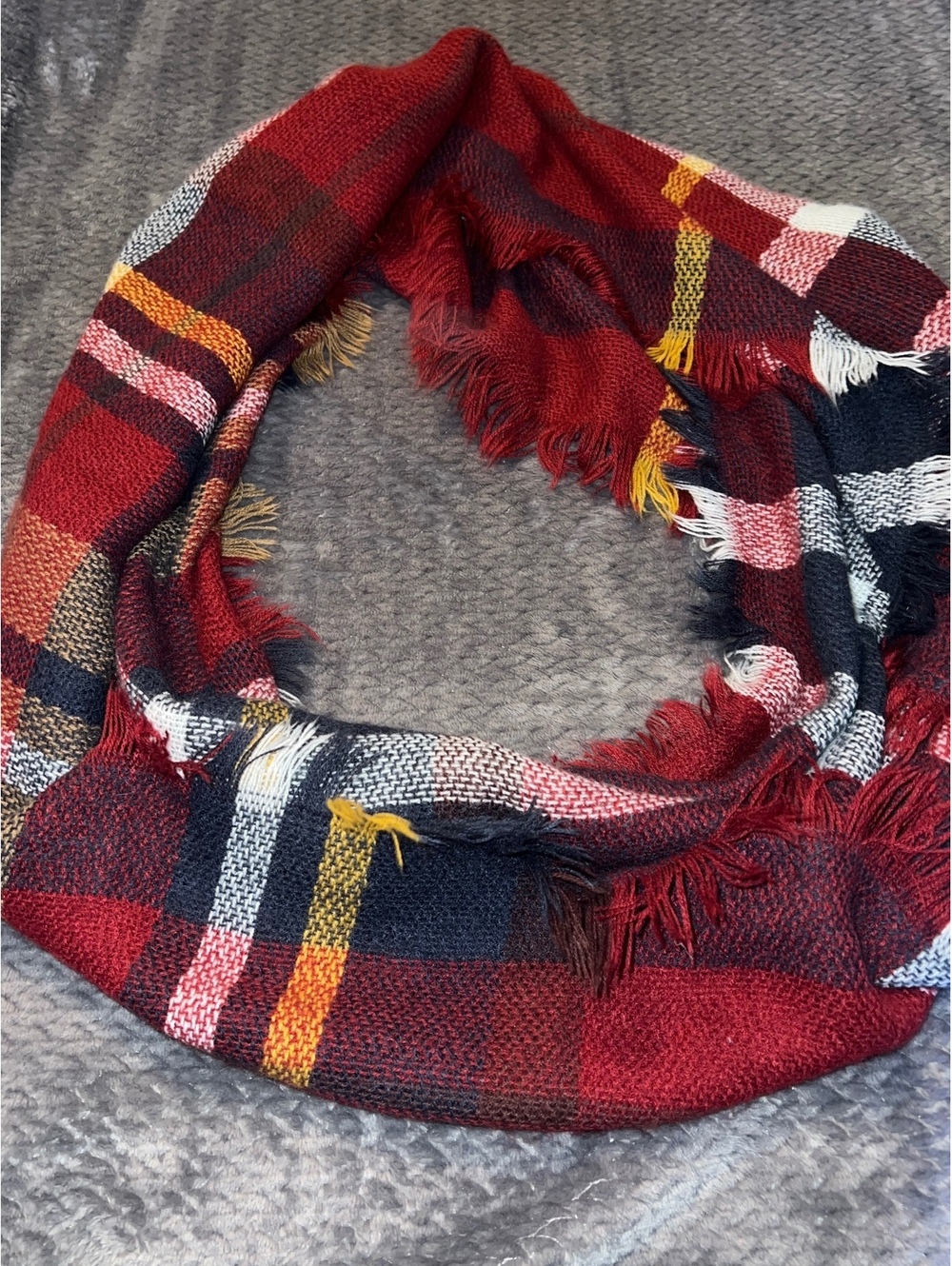 Red, blue, plaid infinity scarf, 68in x 20in